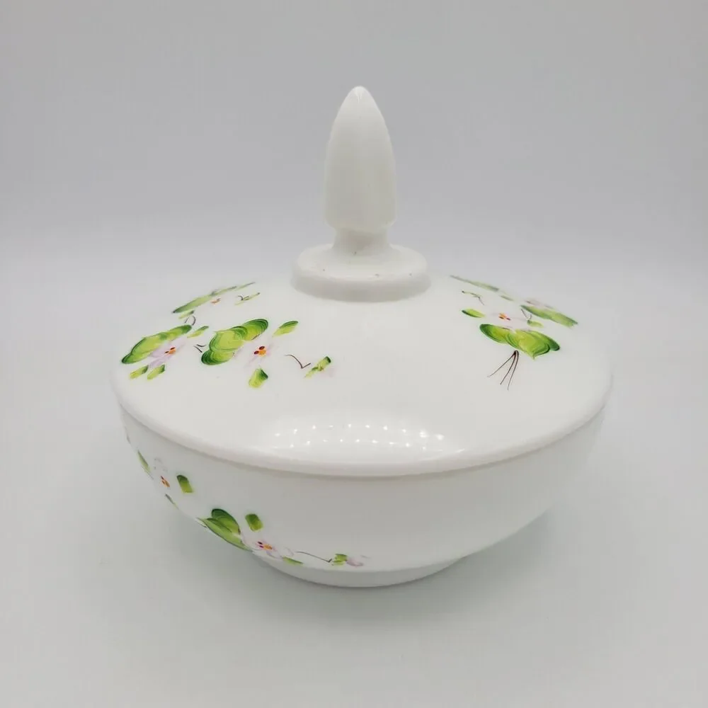 Vintage Fenton Pink Blossoms in the Snow Covered Candy Dish Painted Milk Glass